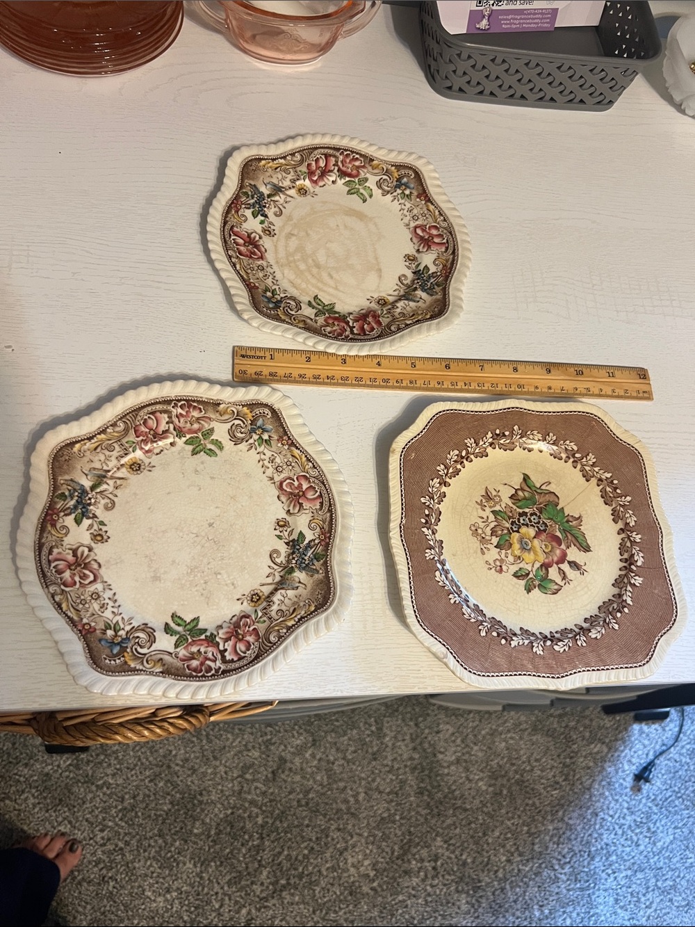Vintage Floral Transfer ware Plate Trio in Cream and Brown